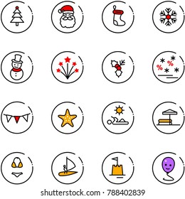 line vector icon set - christmas tree vector, santa claus, sock, snowflake, snowman, firework, holly, sale, flag garland, starfish, reading, inflatable pool, swimsuit, windsurfing, sand castle