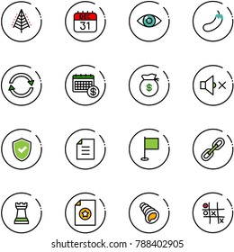 line vector icon set - christmas tree vector, 31 dec calendar, eye, eggplant, exchange, money bag, volume off, shield check, document, flag, link, chess tower, certificate, shell, Tic tac toe