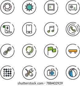 line vector icon set - christmas wreath vector, sun, safe, account history, phone, music, horn, link, globe, flag, skateboard, circuit, wrench screwdriver, camera, basketball