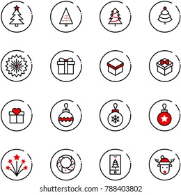 line vector icon set - christmas tree vector, firework, gift, ball, wreath, mobile, deer hat