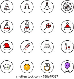 line vector icon set - christmas tree vector, firework, ball, snowman, lollipop, hat, rocket, cake, wine, graduate, gold medal, finger ring, balloon smile
