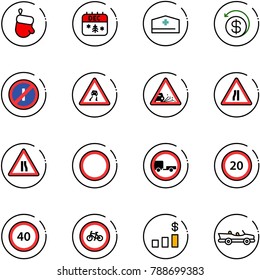 line vector icon set - christmas glove vector, calendar, doctor hat, money back, no parkin odd, slippery road sign, gravel, narrows, prohibition, trailer, speed limit 20, 40, bike, dollar chart