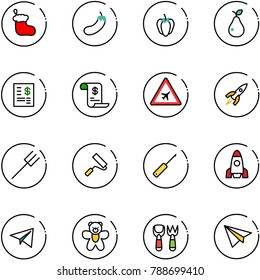 line vector icon set - christmas sock vector, eggplant, sweet pepper, pear, account statement, history, airport road sign, rocket, farm fork, paint roller, awl, paper plane, bear toy, shovel