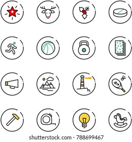 line vector icon set - christmas star vector, deer, holly, pill, run, basketball ball, weight, breads, loudspeaker, mountains, lighthouse, badminton, hammer, measuring tape, bulb, rocking horse