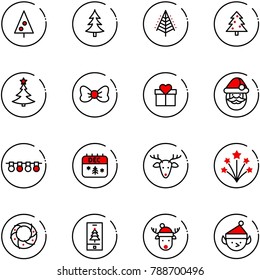 line vector icon set - christmas tree vector, bow, gift, santa claus, garland, calendar, deer, firework, wreath, mobile, hat, elf
