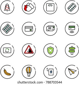 line vector icon set - christmas tree vector, gloves, floor scales, pills blister, credit card, tap pay, exchange, landslide road sign, shield cross, signpost, banana, air balloon, power bank