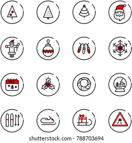 line vector icon set - christmas tree vector, santa claus, ball, garland, snowflake, calendar, holly, wreath, snowball house, ski, snowmobile, sleigh gift, slippery road sign