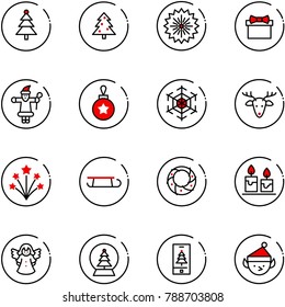 line vector icon set - christmas tree vector, firework, gift, santa claus, ball, snowflake, deer, sleigh, wreath, candle, angel, snowball, mobile, elf