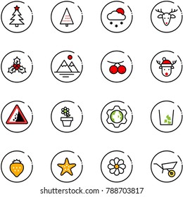 line vector icon set - christmas tree vector, snowfall, deer, holly, mountains, rowanberry, hat, landslide road sign, flower pot, gear globe, garbage, strawberry, starfish, wheelbarrow