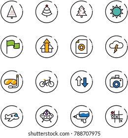 line vector icon set - christmas tree vector, sun, flag, arrows up, certificate, storm, diving, bike, down, camera, plane toy, ufo, water gun, Tic tac toe