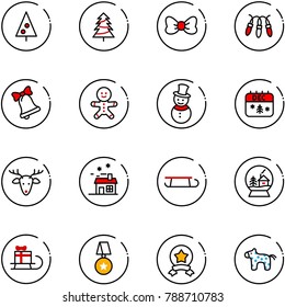 line vector icon set - christmas tree vector, bow, garland, bell, cake man, snowman, calendar, deer, house, sleigh, snowball, gift, star medal, toy horse
