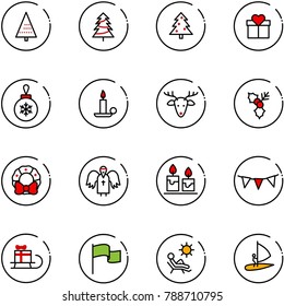line vector icon set - christmas tree vector, gift, ball, candle, deer, holly, wreath, angel, flag garland, sleigh, beach, windsurfing