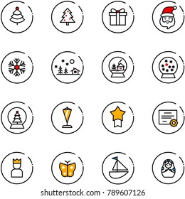 line vector icon set - christmas tree vector, gift, santa claus, snowflake, landscape, snowball house, pennant, star medal, certificate, king, butterfly, sailboat toy, russian doll