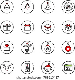 line vector icon set - christmas tree vector, firework, gift, santa claus, ball, deer, mobile, elf, calendar