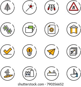 line vector icon set - christmas tree vector, Magic wand, garland, Road narrows sign, gear, folder, certificate, pennant, check, business idea, paper fly, photo, surfing, plant, jointer
