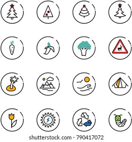 line vector icon set - christmas tree vector, carrot, banana, broccoli, wild animals road sign, palm, mountains, waves, tent, tulip, sun power, recycling, toy caterpillar