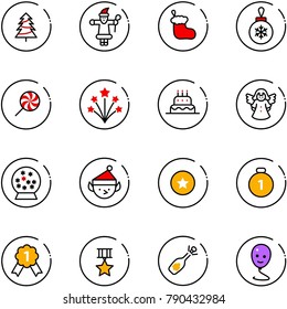 line vector icon set - christmas tree vector, santa claus, sock, ball, lollipop, firework, cake, angel, snowball, elf, star medal, gold, fizz opening, balloon smile
