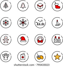 line vector icon set - christmas tree vector, gift, sock, snowflake, landscape, candle, cake man, hat, wreath, angel, star postcard, coconut cocktail, starfish