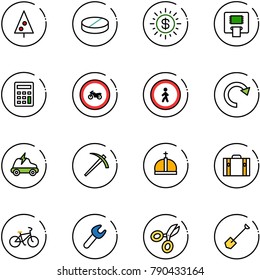 line vector icon set - christmas tree vector, pill, dollar sun, atm, calculator, no moto road sign, pedestrian, redo, electric car, job, crown, suitcase, bike, wrench, scissors, shovel