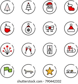 line vector icon set - christmas tree vector, santa claus, sock, glove, ball, bow, hat, firework, wine glasses, mobile, sleigh gift, flag, lounger, starfish, swimming