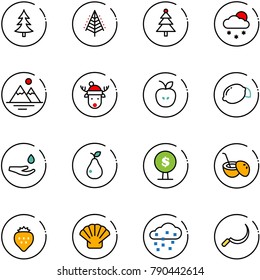 line vector icon set - christmas tree vector, snowfall, mountains, deer hat, apple, lemon, drop hand, pear, money, coconut cocktail, strawberry, shell, snow, sickle