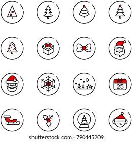 line vector icon set - christmas tree vector, gift, bow, santa claus, snowflake, landscape, 25 dec calendar, sleigh, holly, snowball, elf