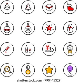 line vector icon set - christmas tree vector, gift, sock, ball, star, snowman, firework rocket, wine, sleigh, gold medal, balloon smile