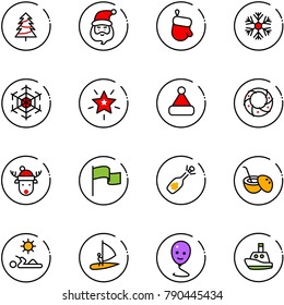 line vector icon set - christmas tree vector, santa claus, glove, snowflake, star, hat, wreath, deer, flag, fizz opening, coconut cocktail, reading, windsurfing, balloon smile, toy boat
