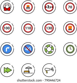 line vector icon set - christmas wreath vector, no dangerous cargo road sign, limited width, speed limit 70, 100, 110, 130, only right, end minimal, lifebuoy, time, fast forward, inflatable pool
