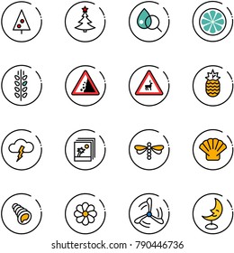 line vector icon set - christmas tree vector, blood test, lemon slice, spica, landslide road sign, wild animals, pineapple, storm, photo, dragonfly, shell, flower, wind mill, moon lamp