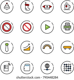 line vector icon set - christmas tree vector, sock, candy, tea, prohibition road sign, play, printer, tie, rise, rainbow, skateboard, server wireless, micro flash card, globe, circuit