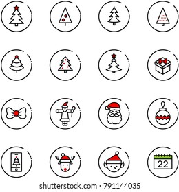 line vector icon set - christmas tree vector, gift, bow, santa claus, ball, mobile, deer hat, elf, calendar