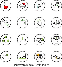 line vector icon set - christmas glove vector, snowfall, power hand, investment, wallet, touch, volume max, social, basket, agreement, cup, growth, key, lawn mower