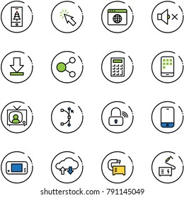 line vector icon set - christmas mobile vector, cursor, browser globe, volume off, download, share, calculator, tv news, bezier, wireless lock, phone, game console, cloud exchange data, machine tool