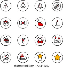 line vector icon set - christmas tree vector, firework, gift, bow, sock, candle, house, holly, wreath, snowball, sleigh, star medal