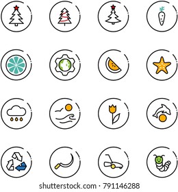 line vector icon set - christmas tree vector, carrot, lemon slice, gear globe, watermelone, starfish, rain cloud, waves, tulip, dolphin, recycling, sickle, lawn mower, toy caterpillar