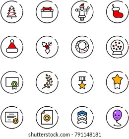 line vector icon set - christmas tree vector, gift, santa claus, sock, hat, holly, wreath, snowball, certificate, golden branch, star medal, chevron, balloon smile
