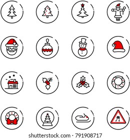 line vector icon set - christmas tree vector, santa claus, ball, snowman, hat, house, holly, wreath, snowball, snowmobile, slippery road sign