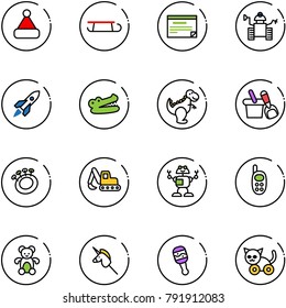 line vector icon set - christmas hat vector, sleigh, schedule, robot, rocket, crocodile, dinosaur toy, shovel bucket, beanbag, excavator, phone, bear, unicorn stick, cat
