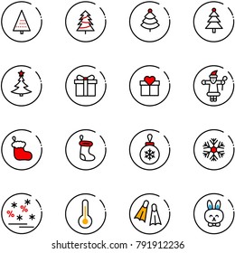 line vector icon set - christmas tree vector, gift, santa claus, sock, ball, snowflake, sale, thermometer, flippers, toy rabbit