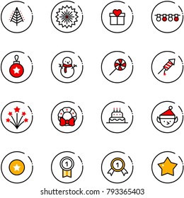 line vector icon set - christmas tree vector, firework, gift, garland, ball, snowman, lollipop, rocket, wreath, cake, elf, star medal, gold