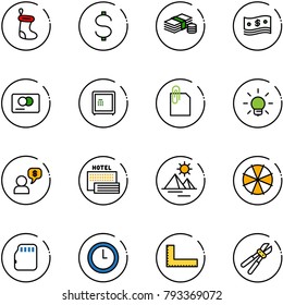 line vector icon set - christmas sock vector, dollar, cash, credit card, safe, attachment, bulb, money dialog, sea hotel, pyramid, parasol, micro flash, clock, corner ruler, bolt cutter