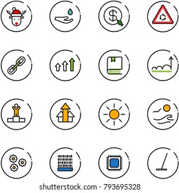 line vector icon set - christmas deer hat vector, drop hand, money click, round motion road sign, link, arrows up, book, growth, winner, sun, waves, flower, binary code, cpu, rake