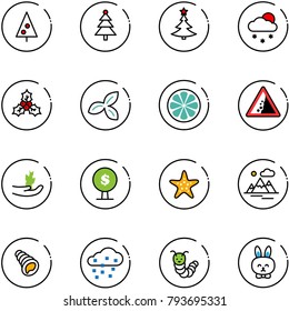 line vector icon set - christmas tree vector, snowfall, holly, three leafs, lemon slice, landslide road sign, hand sproute, money, starfish, mountains, shell, snow, toy caterpillar, rabbit