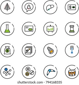 line vector icon set - christmas tree vector, merry message, liver, credit card, flask, envelope, presentation chart, chess tower, money bag, photo, shell, laser, molecule, rivet, boomerang, drum