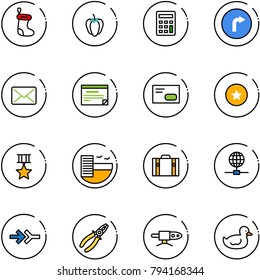 line vector icon set - christmas sock vector, sweet pepper, calculator, only right road sign, mail, schedule, envelope, star medal, hotel, suitcase, globe, connect, pliers, pipe welding, duck toy