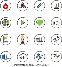 line vector icon set - christmas ball vector, holly, thermometer, annual report, globe, play, heart, like, mobile, award, pool, feet, water power plant, cloud exchange data, molecule, paper plane