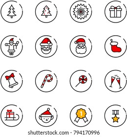 line vector icon set - christmas tree vector, firework, gift, santa claus, sock, bell, lollipop, wine glasses, sleigh, elf, gold medal, star