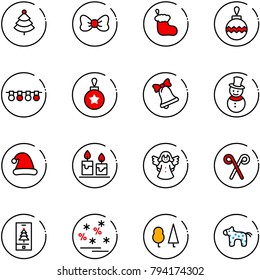 line vector icon set - christmas tree vector, bow, sock, ball, garland, bell, snowman, hat, candle, angel, santa stick, mobile, sale, forest, toy horse