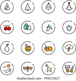 line vector icon set - christmas tree vector, rowanberry, blood test, banana, sweet pepper, pear, moon flag, coconut cocktail, storm, waves, dragonfly, toy giraffe, cat